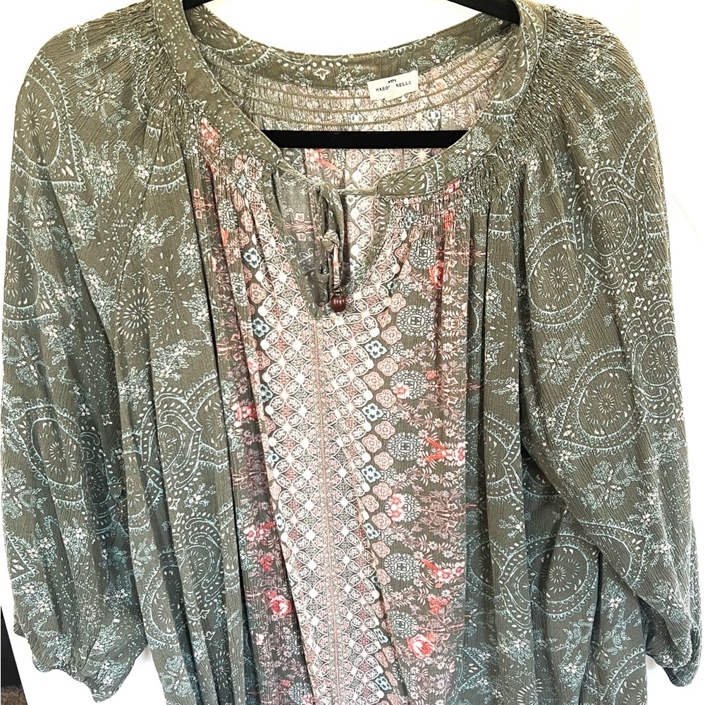 Elegant Olive and Pink Patterned Blouse